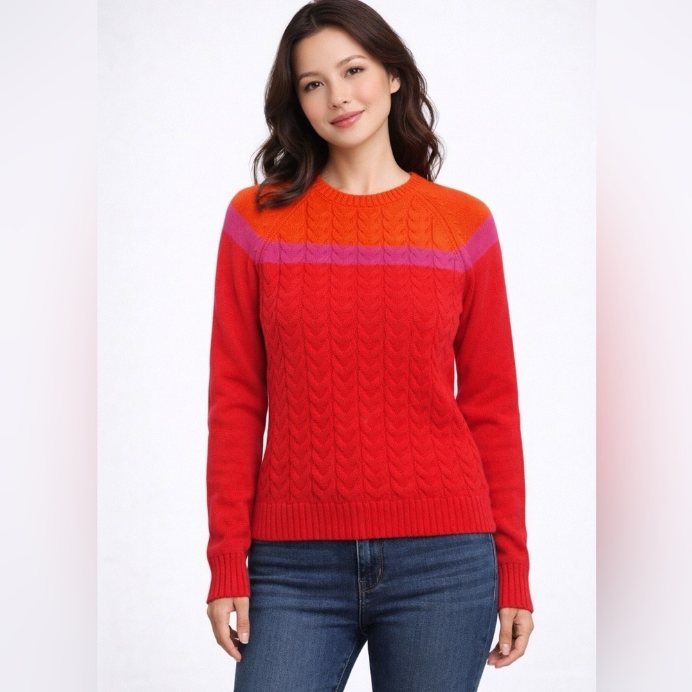 VTG Lands’ End Drifter Cotton Sweater L Red Orange Pink Colorblock Cable Knit